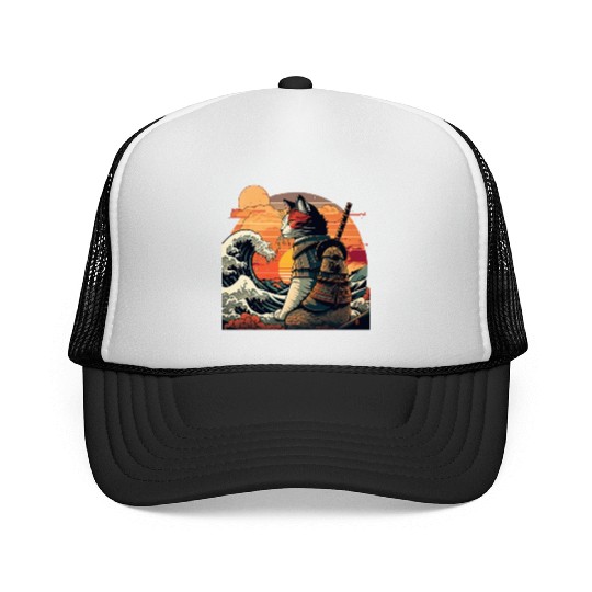 Retro samurai cat The Great Wave Hokusai Trucker Caps