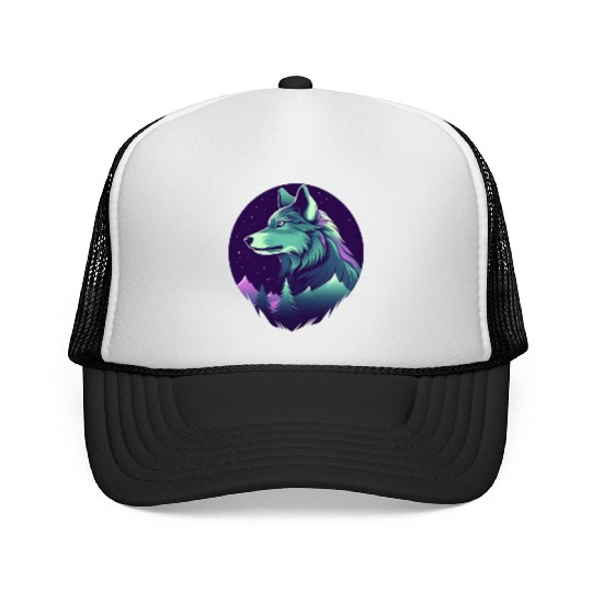 Starry Night Wolf With Northern Light Colors Trucker Caps