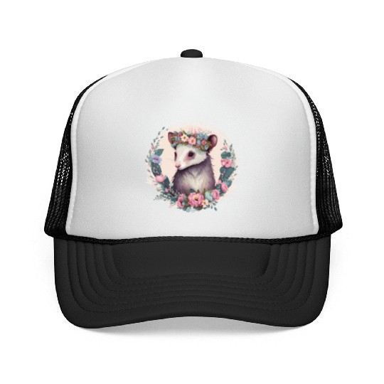 Cute Possum Flower Crown Floral Watercolor Trucker Caps