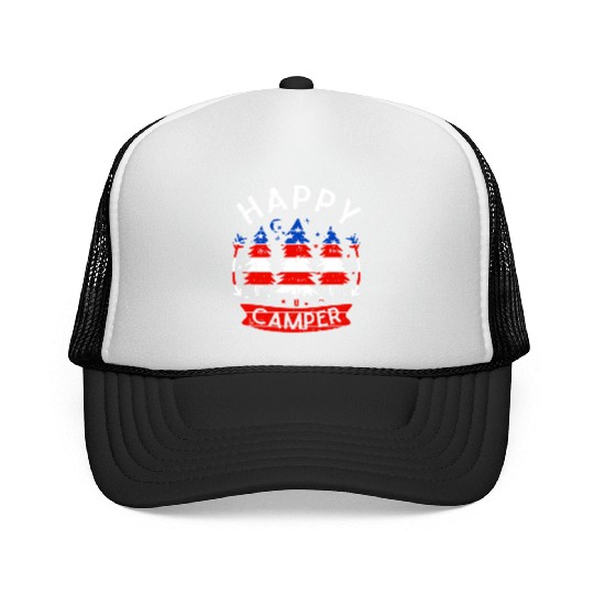 Happy Camper US Flag Patriotic 4th Of July Trucker Caps