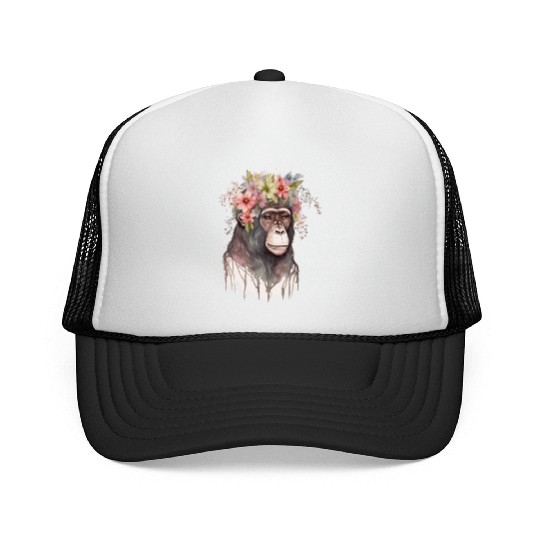 Cute Monkey Flower Crown Floral Watercolor Trucker Caps