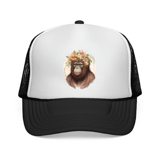 Cute Watercolor Orangutan Flower Crown Floral Trucker Caps