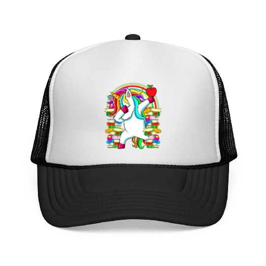 Womens Reading Teacher Dabbing Unicorn Elementary Trucker Caps