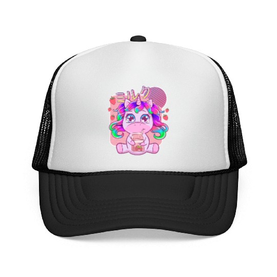 Funny Kawaii Unicorn Strawberry Milk Shake Trucker Caps