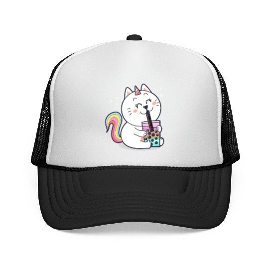 Bubble Tea Cute Kawaii Unicorn Cat Japanese Trucker Caps