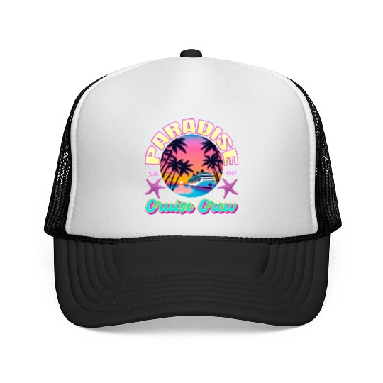 Paradise Cruise Crew-80's Miami Cruise Ship Design Trucker Caps
