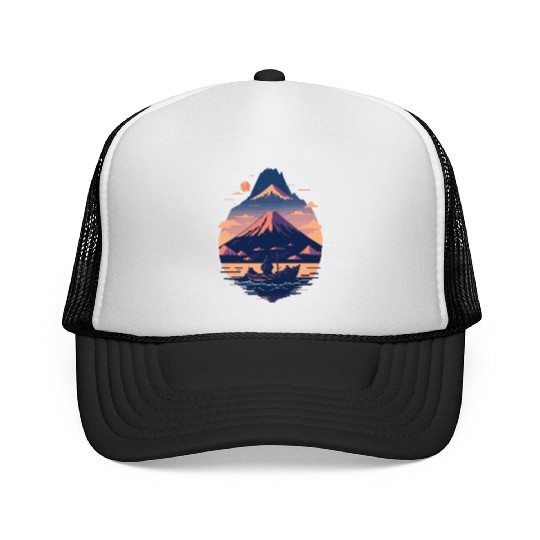 Serene Mount Fuji Sunset Peaceful River Scenery Trucker Caps