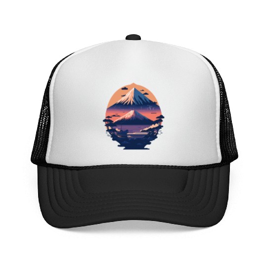 Serene Mount Fuji Sunset Peaceful River Scenery Trucker Caps