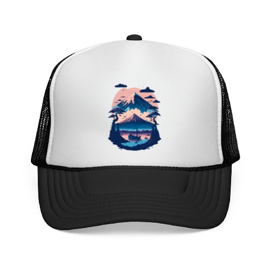 Serene Mount Fuji Sunset Peaceful River Scenery Trucker Caps