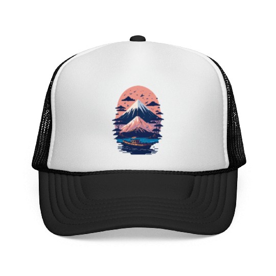 Serene Mount Fuji Sunset Peaceful River Scenery Trucker Caps
