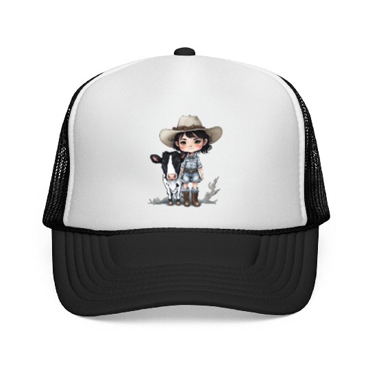 Cowgirl with Cow Trucker Caps