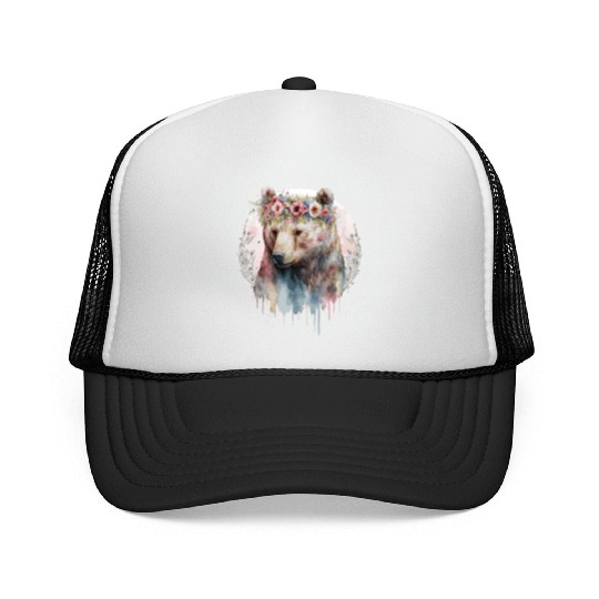 Artistic Watercolor Grizzly Bear Flower Crown Boho Trucker Caps