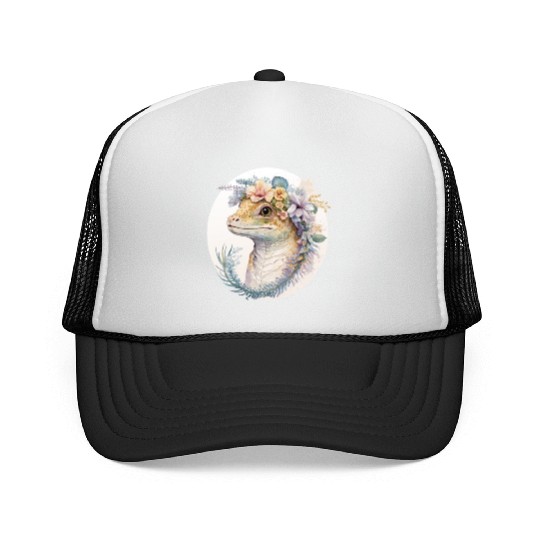 Watercolor Gecko Reptile Flower Crown Floral Amphi Trucker Caps