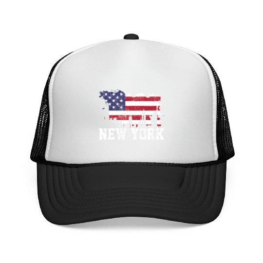 New York City Nyc Skyline Usa Flag America Trucker Caps