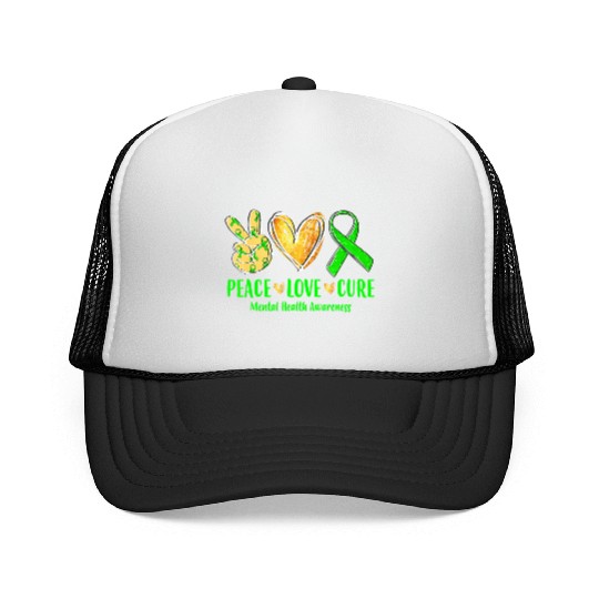 Peace Love Cure Mental Health Awareness Green Ribb Trucker Caps