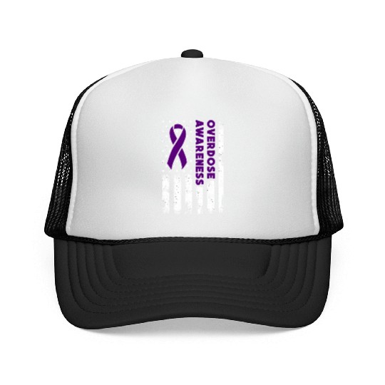 Overdose Awareness Flag Purple Ribbon Addiction Trucker Caps
