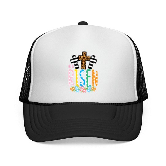 He Is Risen Leopard Cross Easter Jesus Religious Trucker Caps
