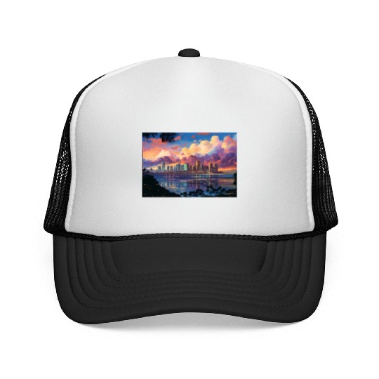 Anime Honolulu A Vibrant Anime Inspired Skyline Trucker Caps