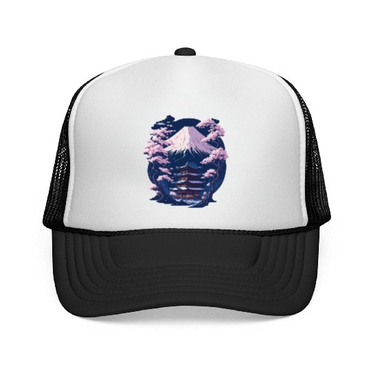 Mount Fuji and a Temple With Cherry Blossoms Trucker Caps