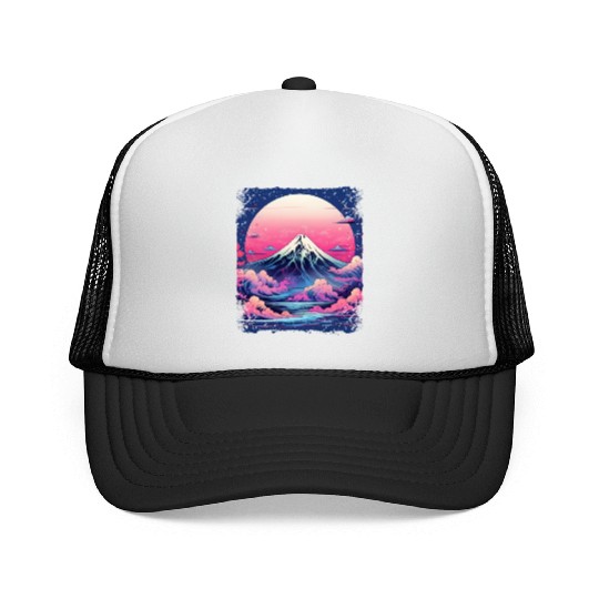 Vaporwave Volcano Aesthetic Japan Sight Mount Fuji Trucker Caps