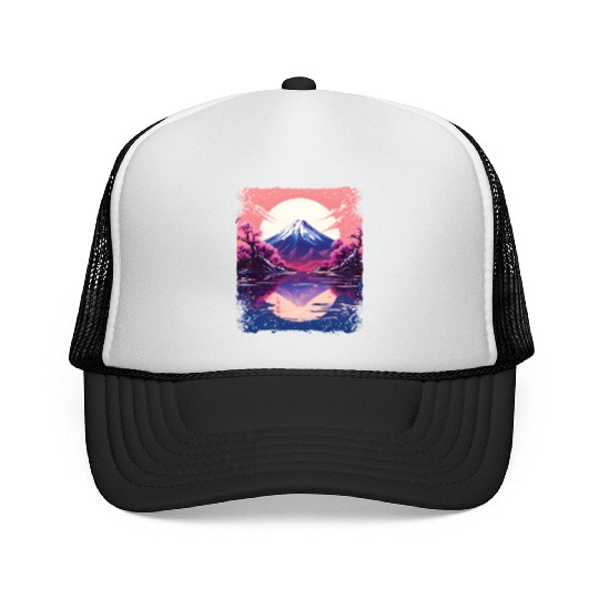 Vaporwave Aesthetic Japan Sight Mount Fuji Volcano Trucker Caps