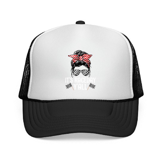 It'S Race Day Y'All Checkered Flag Racing Messy Trucker Caps