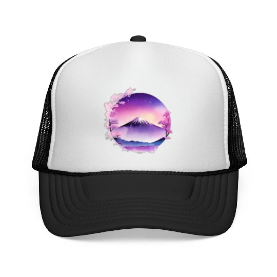 Japan Mount Fuji Dreamy Lo-Fi Style Retro Purple Trucker Caps