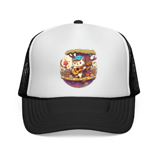 Cute Kawaii Cat Playing Guitar Banjo On Log Trucker Caps