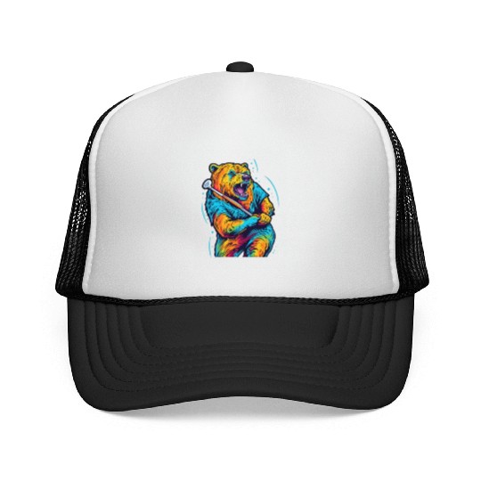 Golfer Grizzly Bear Golf Club Golfing Golf Player Trucker Caps