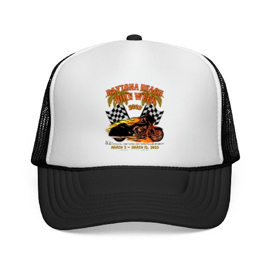Daytona Beach Bike Week 2023 Checkered Flag Front Trucker Caps