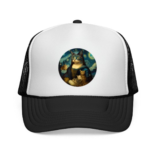 Mona Lisa With Cats Starry Night Van Gogh Painting Trucker Caps