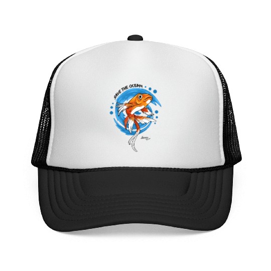 Save The Ocean Orange Fish Blue Waves Environment Trucker Caps