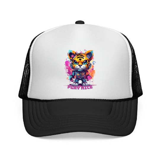 Play Nice Trucker Caps: Robot Tiger Synthwave Graffiti Kids