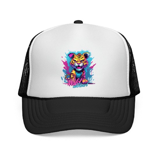 Vibrant Synthwave Sabertooth Tiger Graffiti Kids Trucker Caps