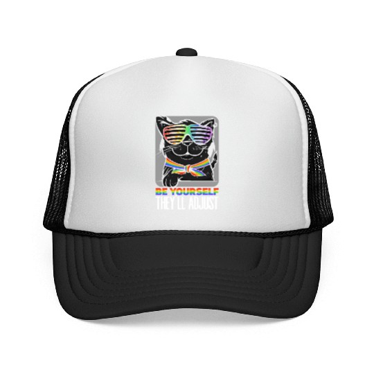 Be Yourself They'll Adjust Rainbow Cat Feline Trucker Caps