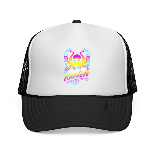 Release The Kraken Retro Neon Synthwave 80s 90s Trucker Caps
