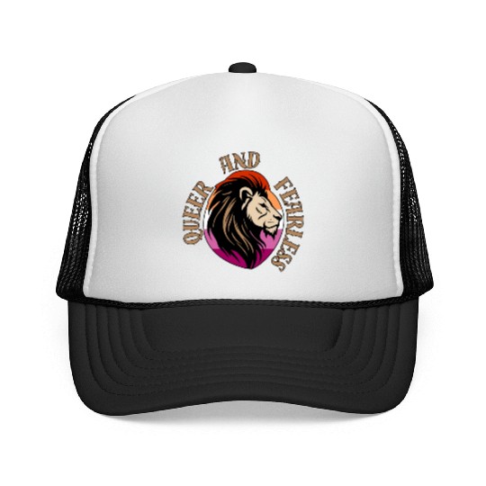 LGBTQ Queer and Fearless, Lion with Lesbian Flag Trucker Caps