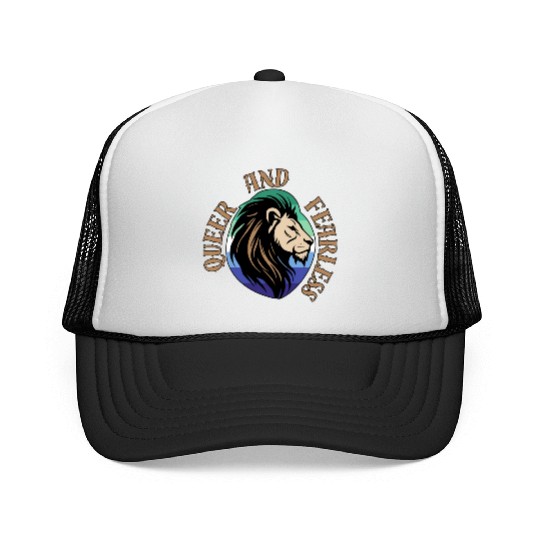 LGBTQ Queer and Fearless, Lion with Gay Flag Trucker Caps
