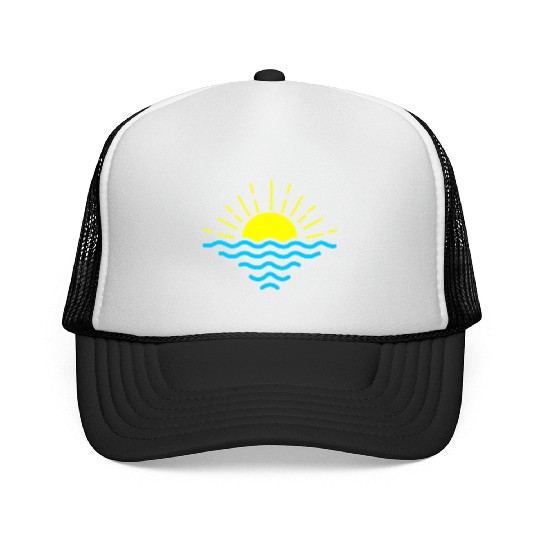 Sunset below blue waves of the sea Trucker Caps