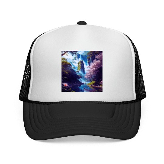 Waterfall in Forest with Pink Flowers and Ducks Trucker Caps