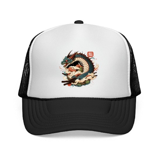 Dragon and Sushi Funny Food Retro Anime Lover Japa Trucker Caps