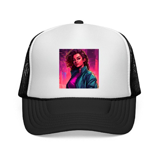 Synthwave City Bloom - Neon Pink Cityscape Trucker Caps