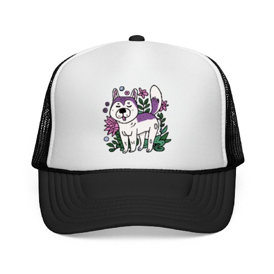 Husky With Plants And Flowers Dog Lover Malamute Trucker Caps