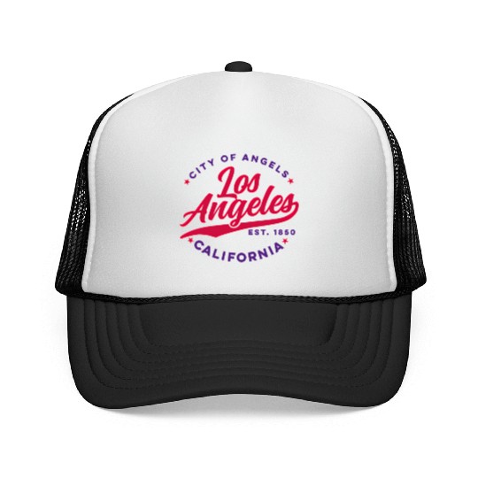 Los Angeles City Of Angels California Red Text Trucker Caps
