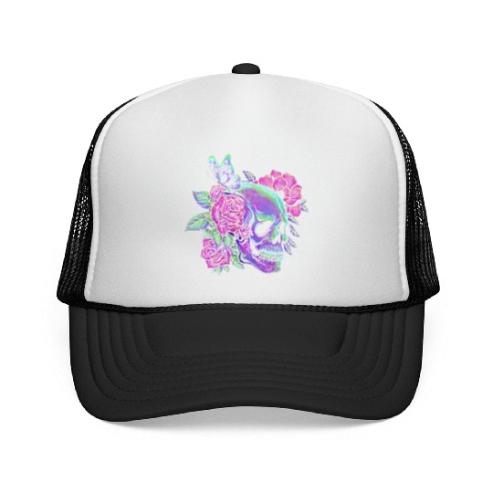 Skeleton Trucker Caps, Neon Skull Roses Gothic Skeleton