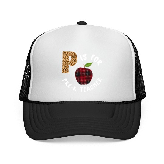 P Is For Pre K Teacher Leopard Buffalo Plaid T Trucker Caps