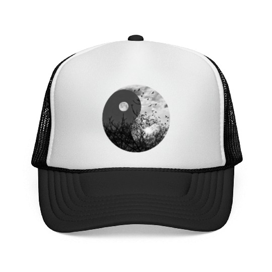 Yin and Yang of Moon and Sun in Black and White Trucker Caps