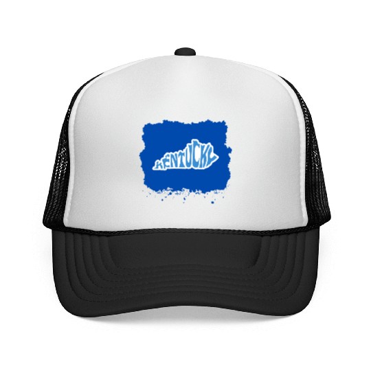 Kentucky Typography Sticker in State Shape Trucker Caps