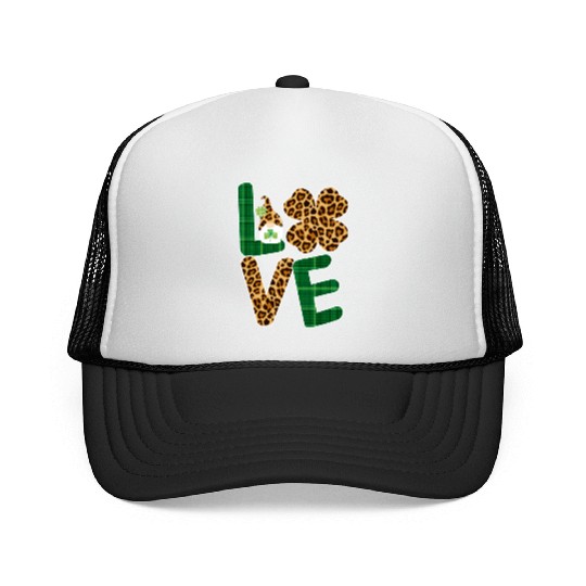 Love Irish Gnome Shamrock Leopard Plaid St Trucker Caps