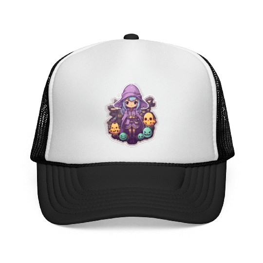Cute Cartoonish Necromancer Summoning Friends Trucker Caps